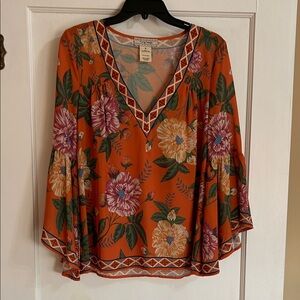 Flying Tomato Orange Floral V-Neck Blouse